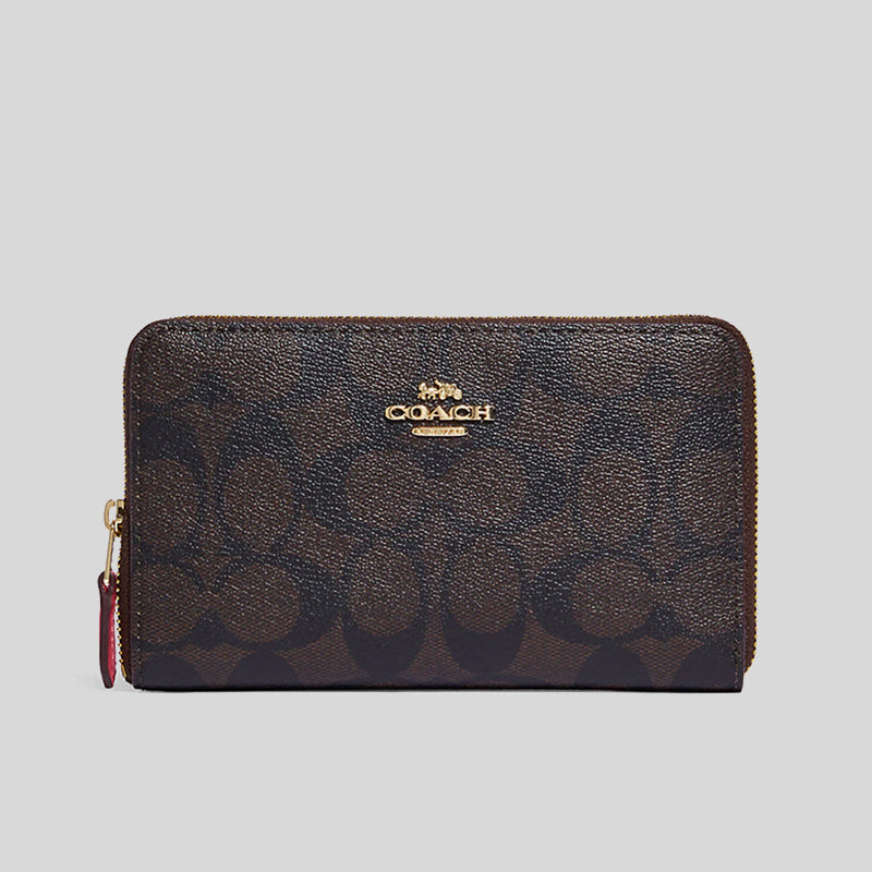 COACH Medium Corner Zip Wallet in Signature Canvas, IM/Khaki/Black