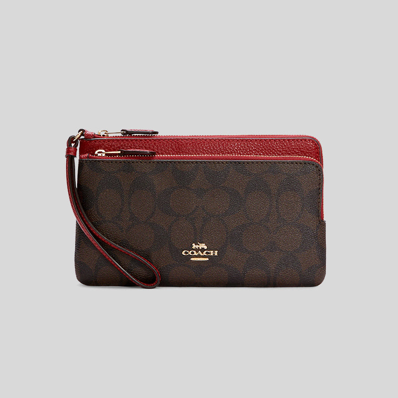 COACH Double Zip Wallet in Signature Canvas, IM/Brown 1941 Red