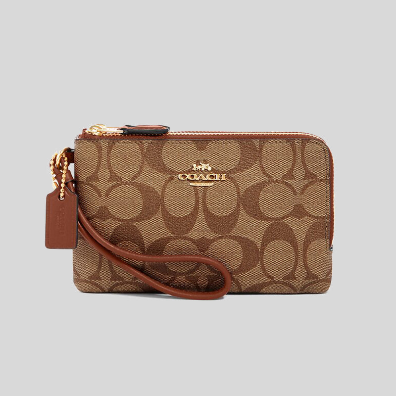 Coach Double Corner Zip Wristlet Large Signature Canvas Brown