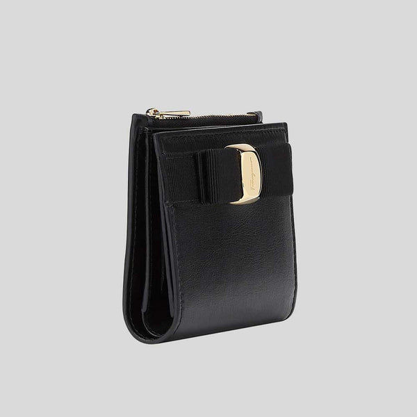 FERRAGAMO Vera Bow Calf Leather Compact Wallet Black 22E009