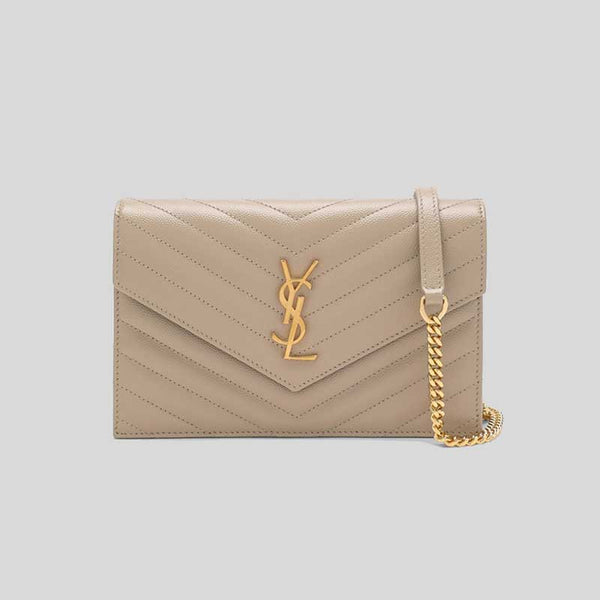 SAINT LAURENT YSL Matelasse Envelope Chain Wallet In Grain De Poudre Embossed Leather Dark Beige/Gold 742920BOW01 lussocitta lusso citta