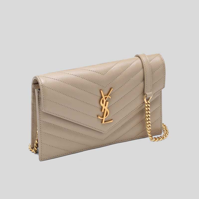 SAINT LAURENT YSL Matelasse Envelope Chain Wallet In Grain De Poudre Embossed Leather Dark Beige/Gold 742920BOW01