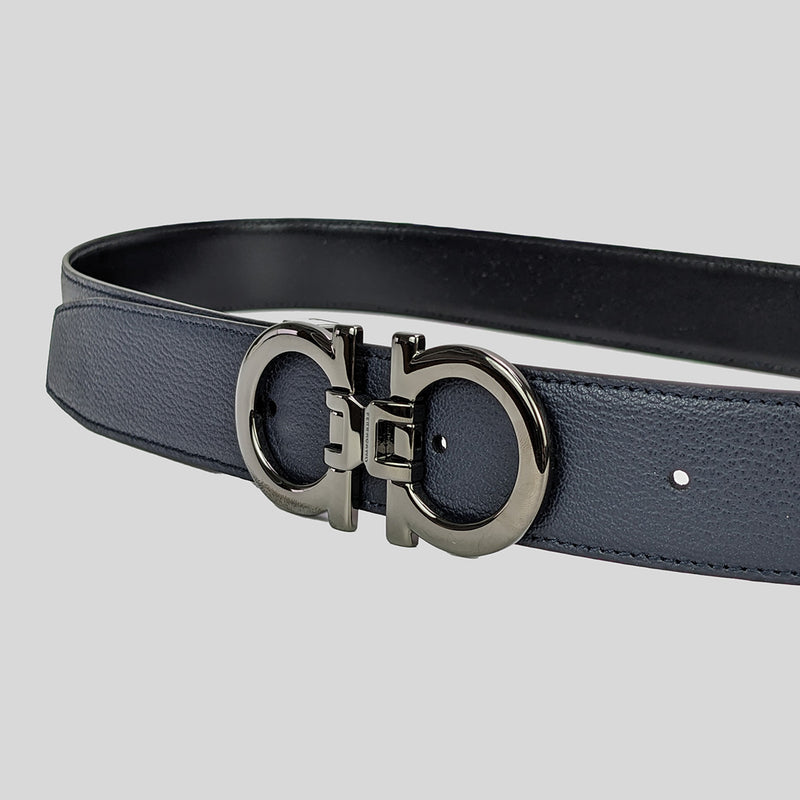 SALVATORE FERRAGAMO Men's Double Gancini Adjustable and Reversible Belt BLUE/NERO 95cm 758524