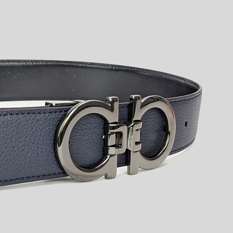 SALVATORE FERRAGAMO Men's Double Gancini Adjustable and Reversible Belt BLUE/NERO 95cm 758524