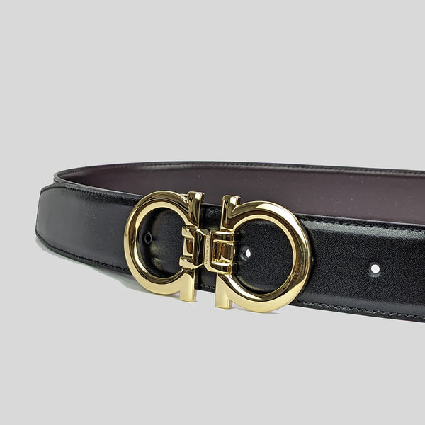 SALVATORE FERRAGAMO Men's Double Gancini Adjustable and Reversible Belt NERO/T.MORO 95cm 772402