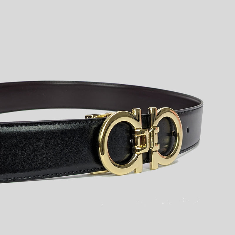 SALVATORE FERRAGAMO Men's Double Gancini Adjustable and Reversible Belt NERO/T.MORO 95cm 772402