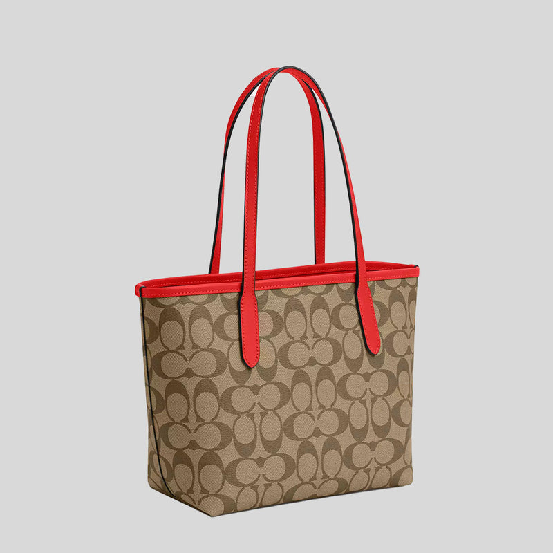 COACH Mini City Tote In Signature Canvas Khaki/Miami Red CN733