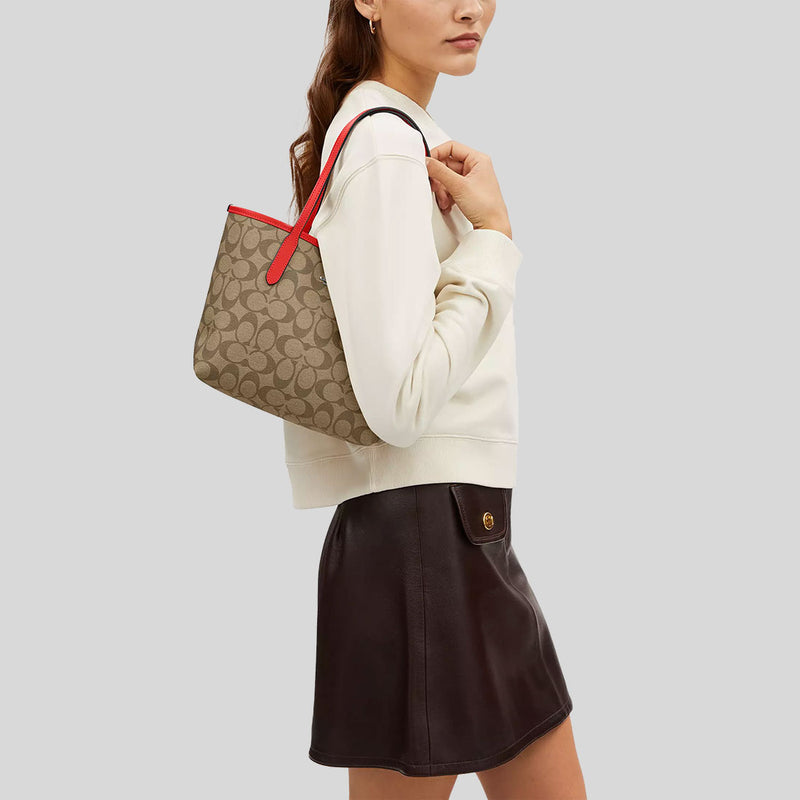 COACH Mini City Tote In Signature Canvas Khaki/Miami Red CN733