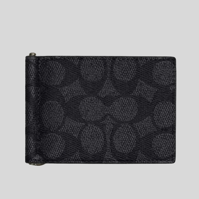 COACH Slim Money Clip Billfold Wallet In Signature Canvas Charcoal Bla LussoCitta