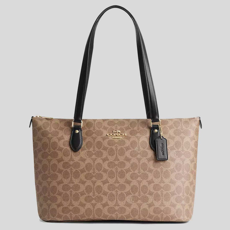 COACH Gallery Tote Bag In Signature Canvas Tan/Black CW381