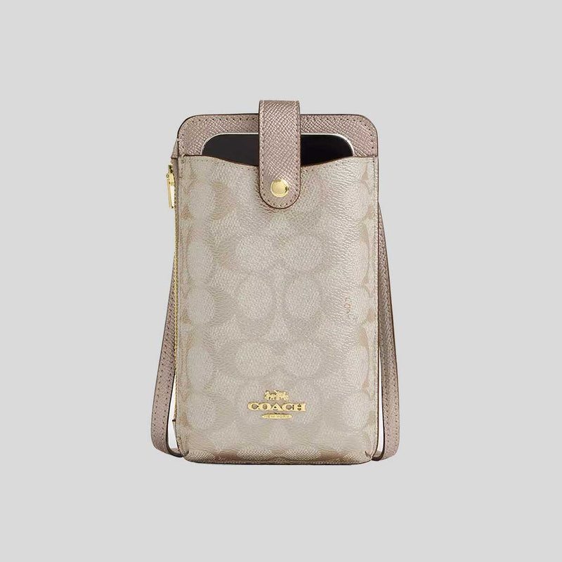 COACH Phone Crossbody Bag In Signature Canvas Champagne Multi CW401