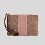 COACH Corner Zip Wristlet In Signature Canvas With Stripe Tan/Pink Petal CW854