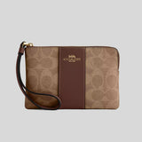 COACH Corner Zip Wristlet In Signature Canvas With Stripe Tan/Brown CW854