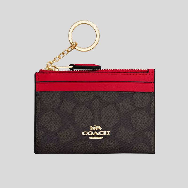 COACH Mini Skinny ID Case In Signature Canvas Walnut/Bold Red CW870