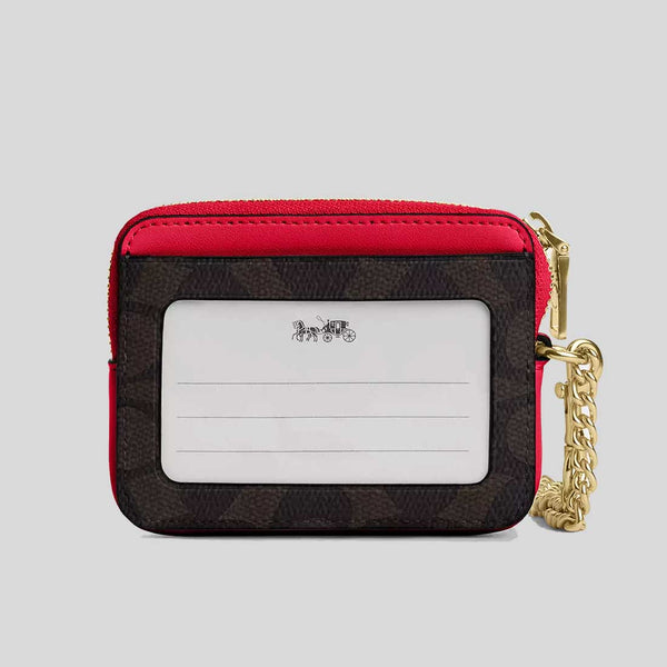 COACH Zip Card Case In Signature Canvas Walnut/Bold Red CW883