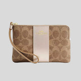 COACH Corner Zip Wristlet In Signature Canvas With Stripe Tan/Light Champagne CX255