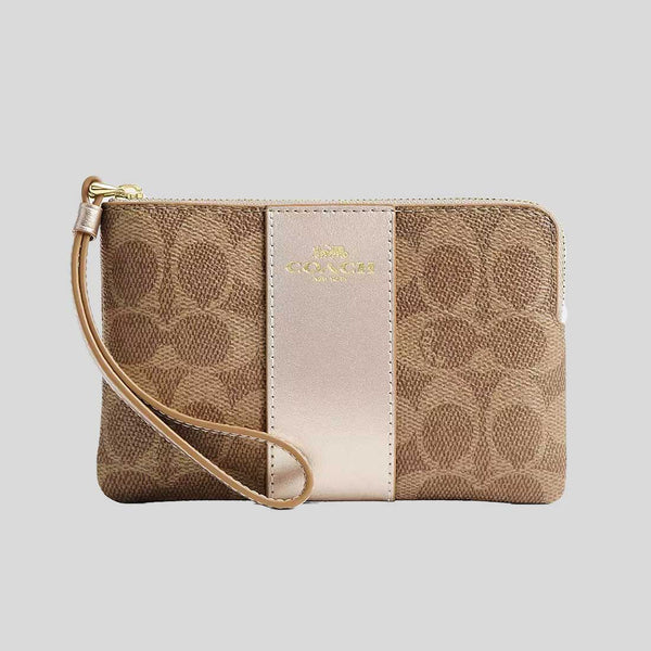 COACH Corner Zip Wristlet In Signature Canvas With Stripe Tan/Light Champagne CX255