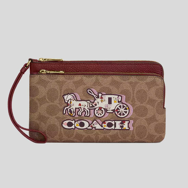 COACH Double Zip Wallet In Signature Canvas With Horse And Carriage Print CX590