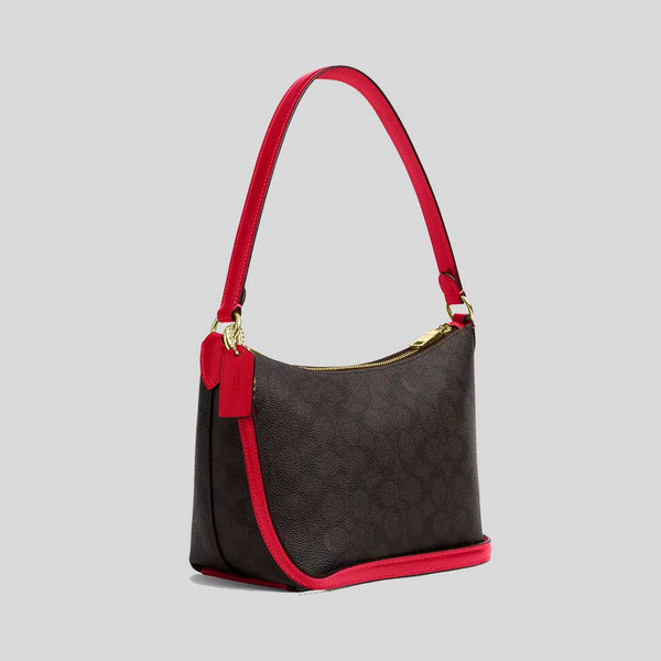 COACH Zip Top Shoulder Bag In Signature Canvas Walnut/Bold Red CX610