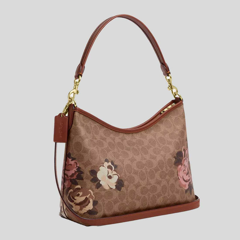 COACH Laurel Shoulder Bag In Signature Canvas With Rose Print Tan Multi CY729