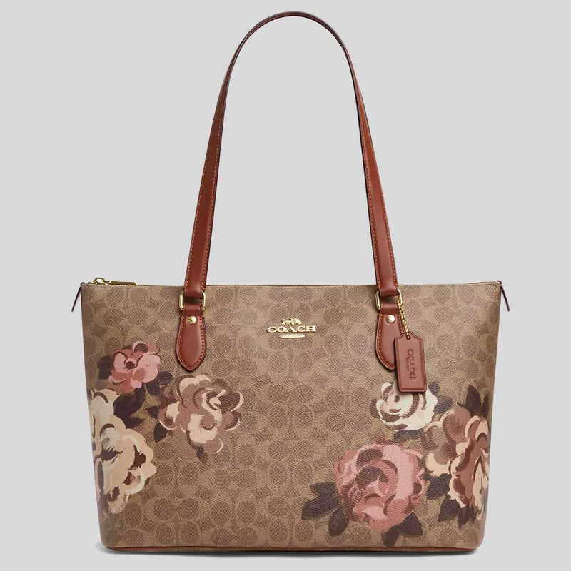 COACH Gallery Tote Bag In Signature Canvas With Rose Print Tan Multi CZ180