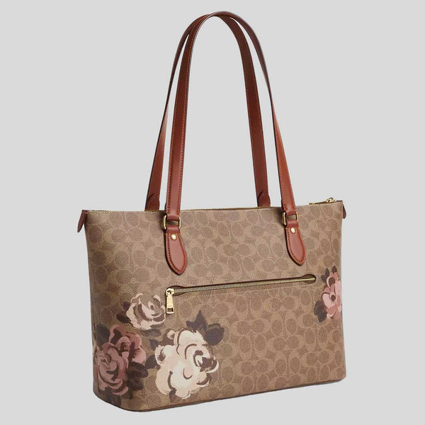 COACH Gallery Tote Bag In Signature Canvas With Rose Print Tan Multi CZ180