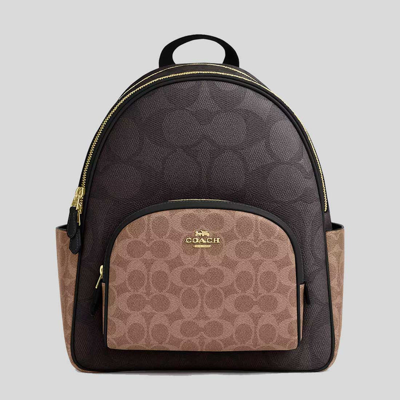 COACH Court Backpack In Blocked Signature Canvas Walnut/Tan CZ771