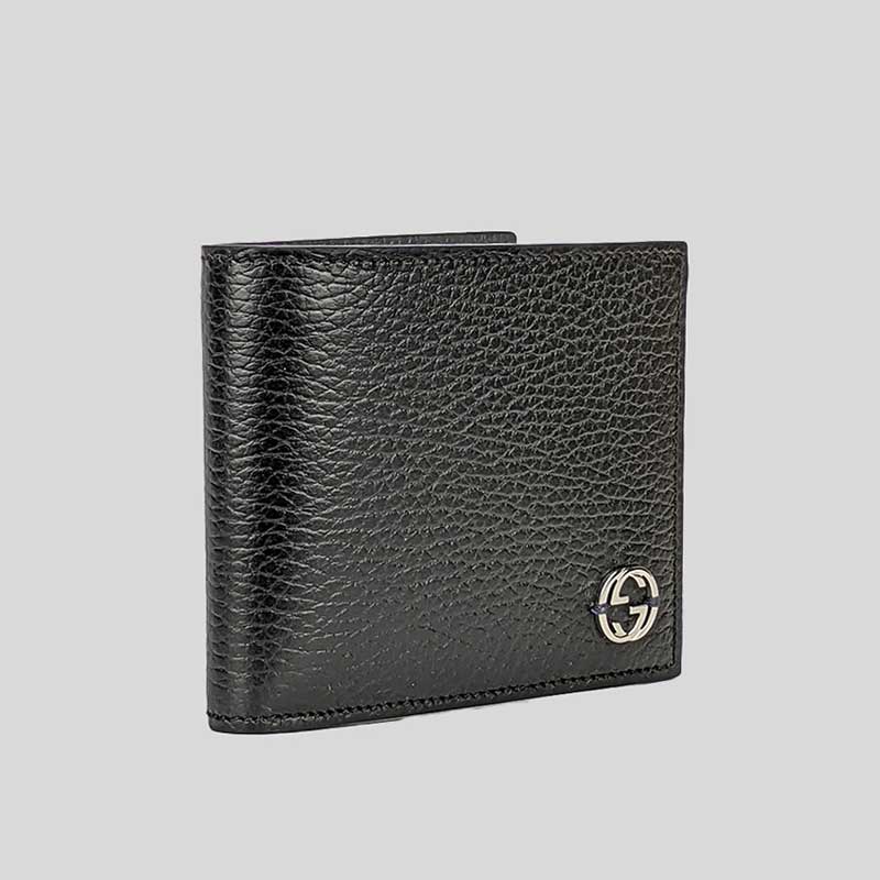 GUCCI Men's Leather Bifold Wallet With Interlock GG Logo Black 610464