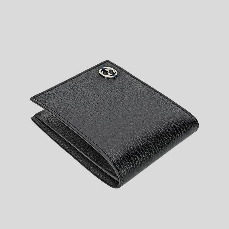 GUCCI Men's Leather Bifold Wallet With Interlock GG Logo Black 610464