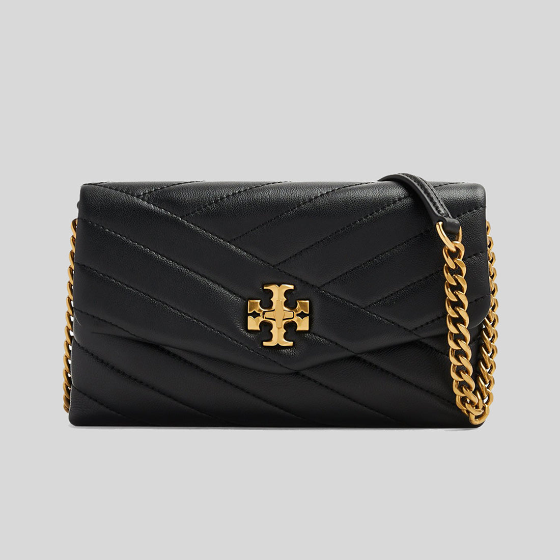 TORY BURCH Kira Chevron Chain Wallet Black Gold Tone Hardware 90343 ...