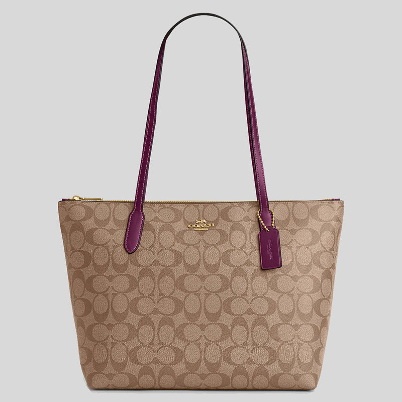 COACH Zip Top Tote In Signature Canvas Khaki/Deep Berry 4455 – LussoCitta