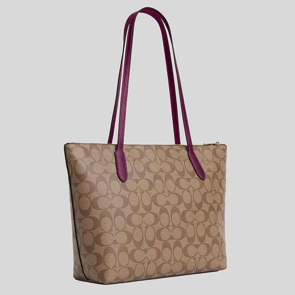 COACH Zip Top Tote In Signature Canvas Khaki/Deep Berry 4455