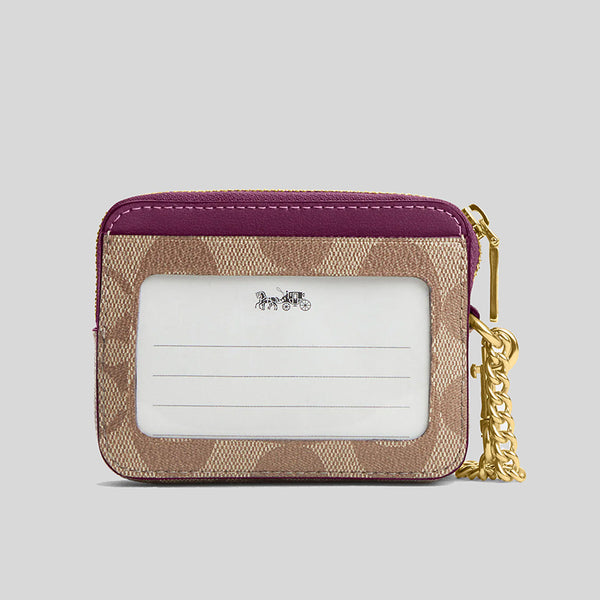 Coach Zip Card Case In Signature Canvas Khaki/Deep Berry C0058