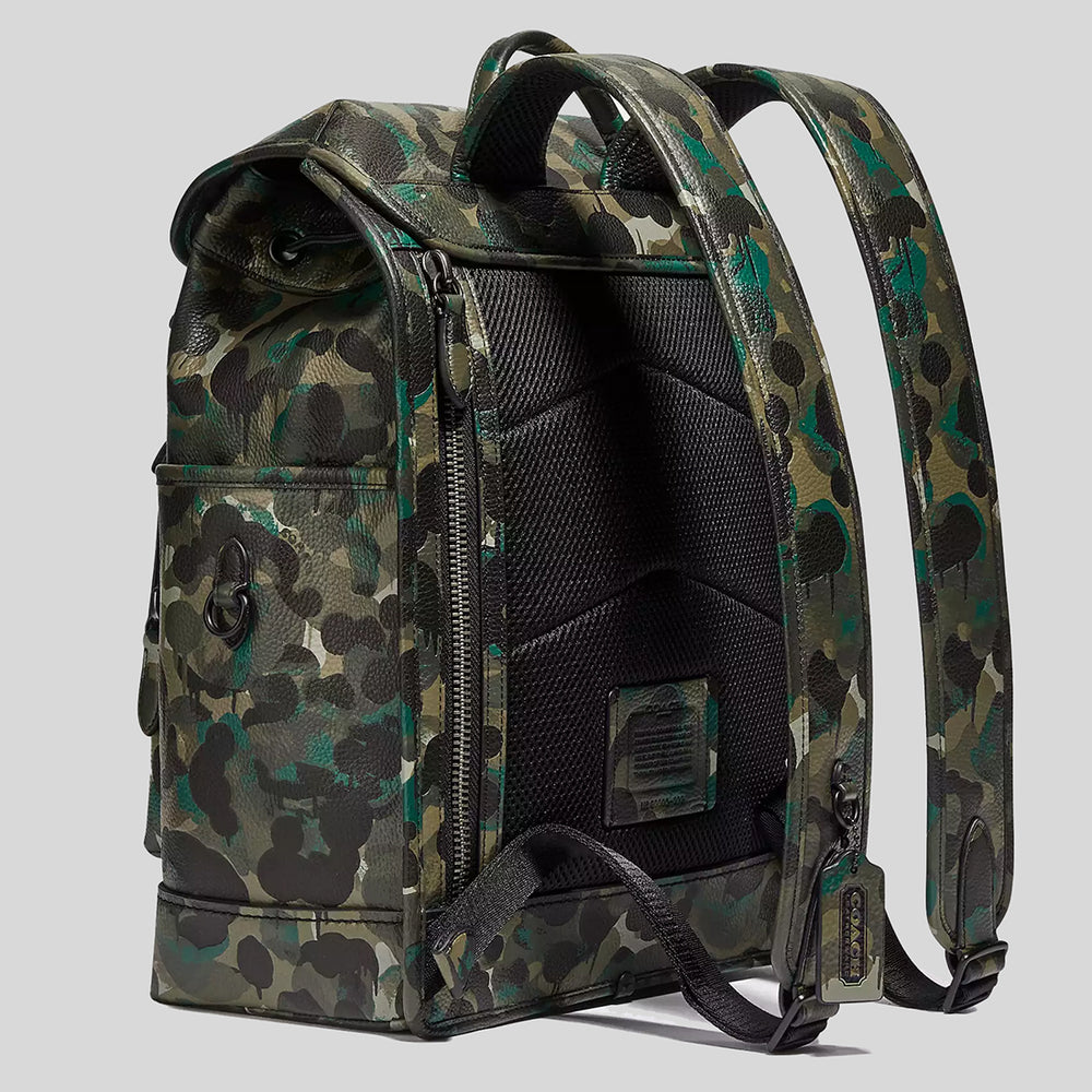 COACH League Flap Backpack With Camo Print Matte Black Green C5288 LussoCitta