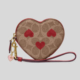 Coach Heart Wristlet In Signature Canvas With Heart Print Tan Red Apple CF283