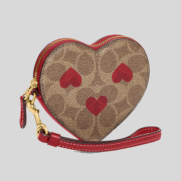 Coach Heart Wristlet In Signature Canvas With Heart Print Tan Red Apple CF283