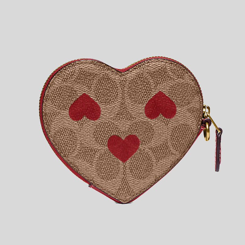 Coach Heart Wristlet In Signature Canvas With Heart Print Tan Red Apple CF283