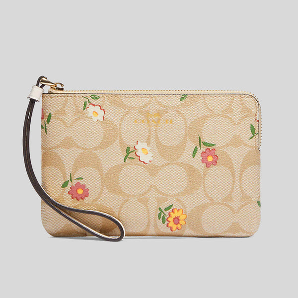 Coach Corner Zip Wristlet In Signature Canvas With Nostalgic Ditsy Print Light Khaki Multi CH478