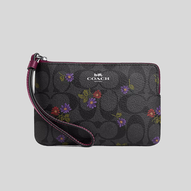 Coach Corner Zip Wristlet In Signature Canvas With Country Floral Print CM867