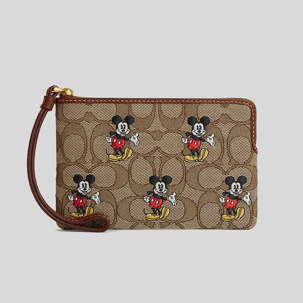 Coach Disney X Coach Corner Zip Wristlet In Signature Jacquard With Mickey Mouse Print CN033