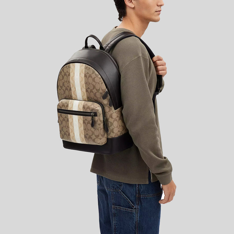 COACH West Backpack In Blocked Signature Canvas With Varsity Stripe Khaki Multi CQ629