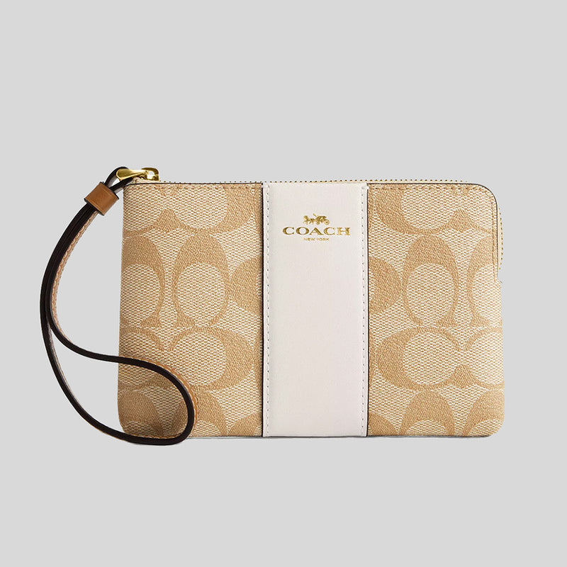 COACH Corner Zip Wristlet In Signature Canvas With Stripe Light Khaki/Chalk Multi CR945