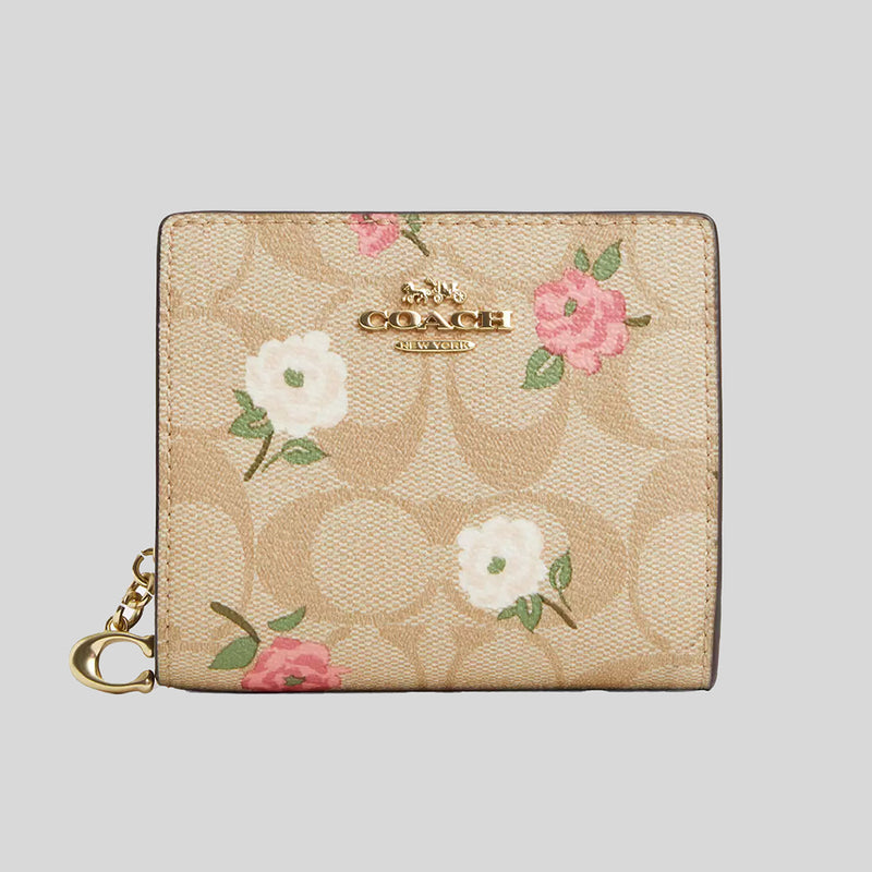 COACH Snap Wallet In Signature Canvas With Floral Print Khaki Chalk Multi CR969