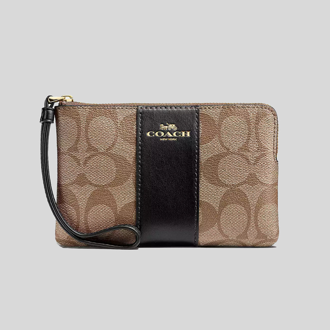 COACH Corner Zip Wristlet In Signature Canvas Khaki/Black CS602 ...