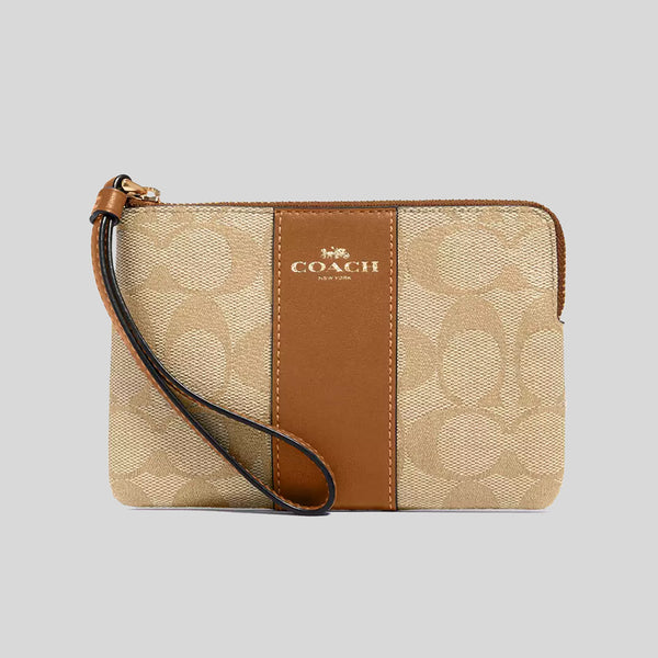 COACH Corner Zip Wristlet In Signature Canvas LT Khaki/LT Saddle CS602