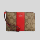 COACH Corner Zip Wristlet In Signature Canvas Khaki/Miami Red CS602