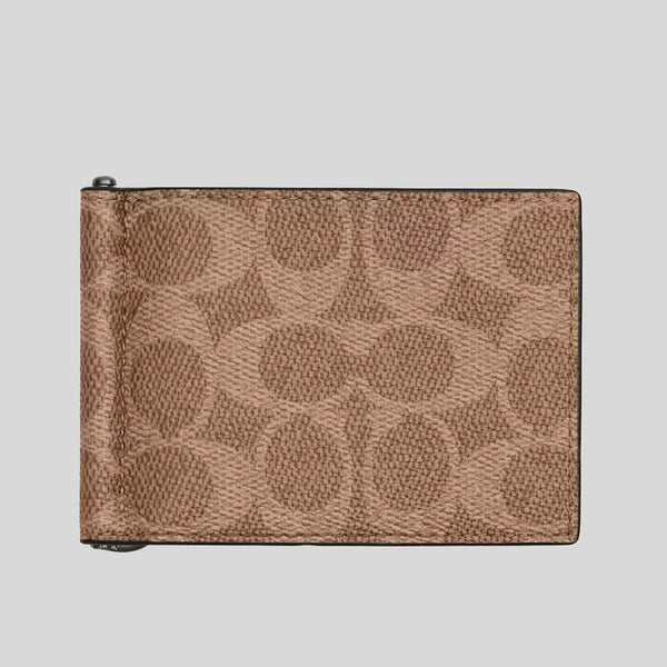 COACH Slim Money Clip Billfold Wallet In Signature Canvas Tan/Black CY059