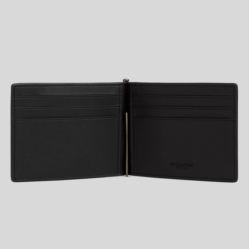 COACH Slim Money Clip Billfold Wallet In Signature Canvas Tan/Black CY059