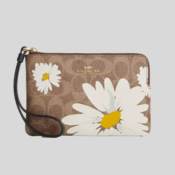 COACH Corner Zip Wristlet In Signature Canvas With Floral Print Tan Multi CZ604