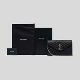 SAINT LAURENT YSL Matelasse Envelope Chain Wallet In Grain De Poudre Embossed Leather Black/Silver 742920BOW02